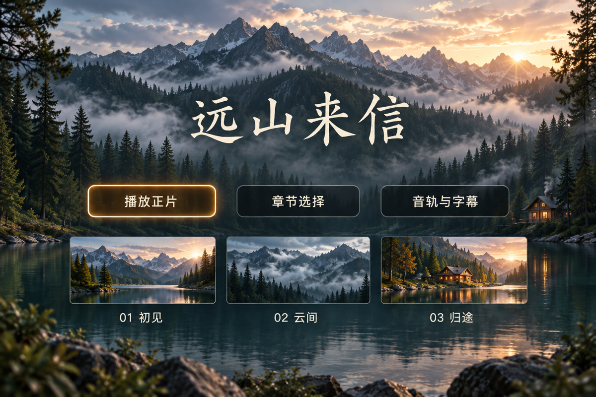虚构影片远山来信的蓝光菜单概念，包含正片、章节与音轨字幕选择